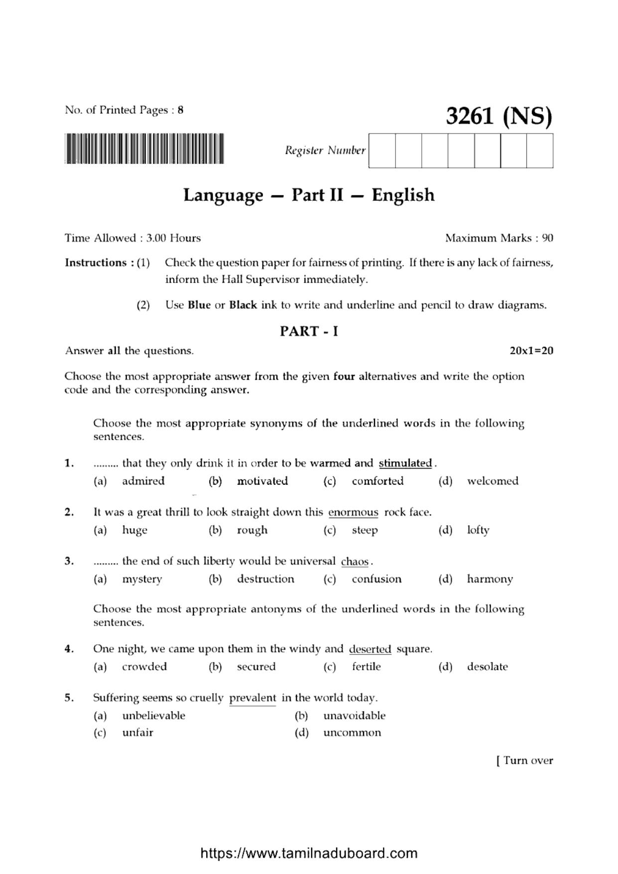TN Class 12 English Language 3261 NS Question Papers 2020 - Page 1