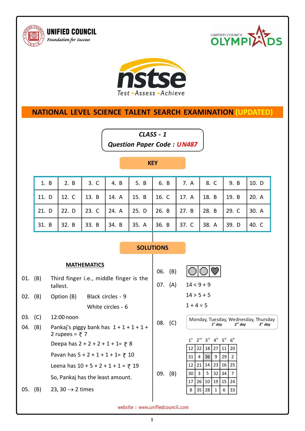 NSTSE 2023 Class 1 Answer Key (Paper Code 487) - Page 1