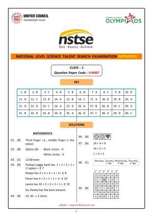 NSTSE 2023 Class 1 Answer Key (Paper Code 487)