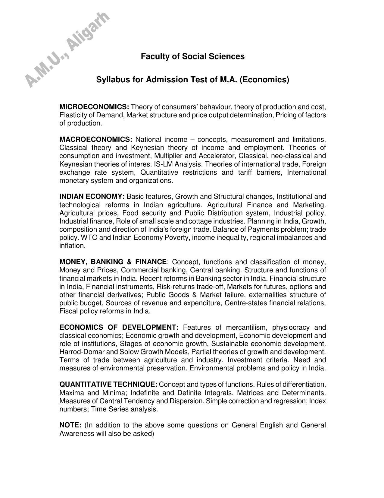AMU Entrance Exam: M.A. Economics Syllabus - Page 1
