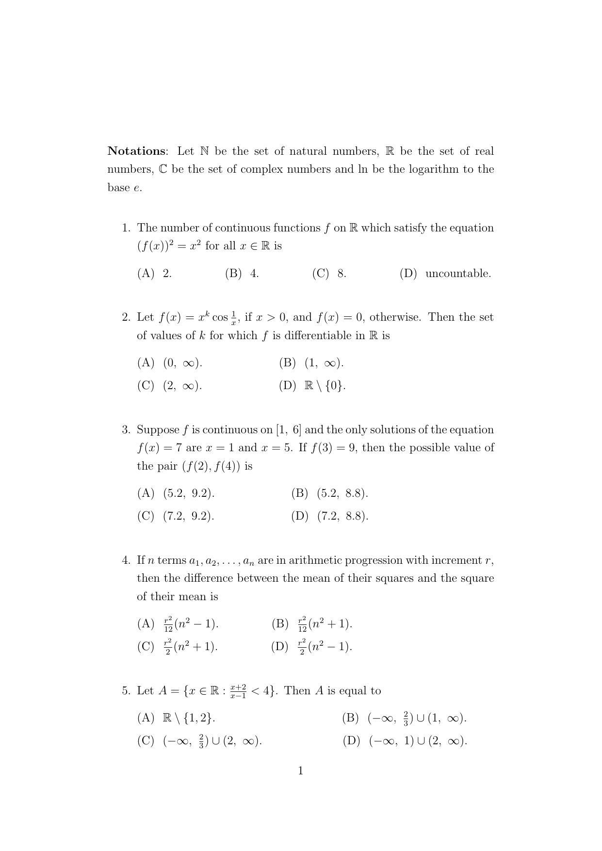 ISI Admission Test PG Diploma in Statistical Methods and Analytics DST 2021 Sample Paper - Page 1