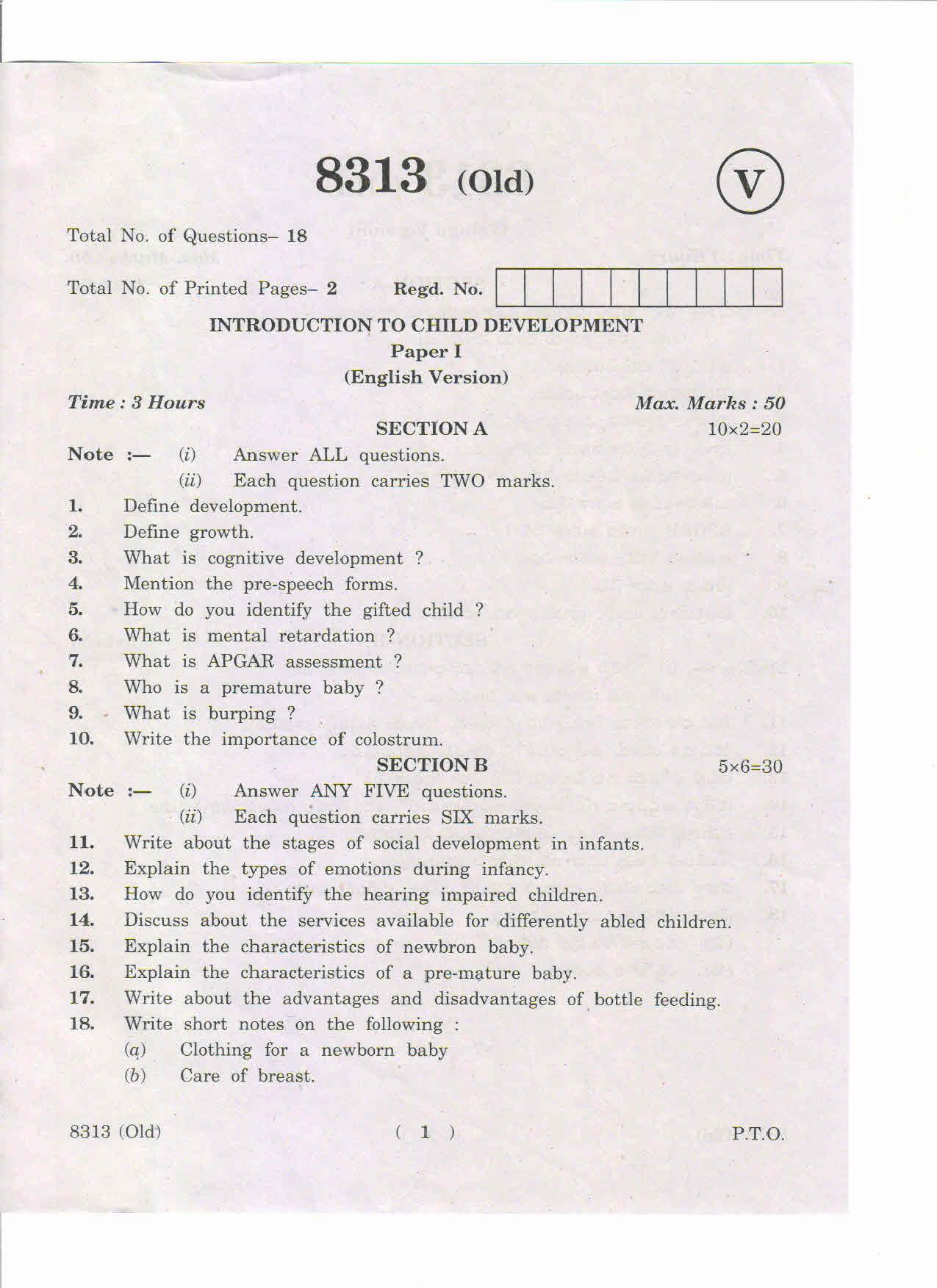 AP Inter 1st Year Introduction to Child Development-I (Old) May-2019-Vocational Question Paper - Page 1