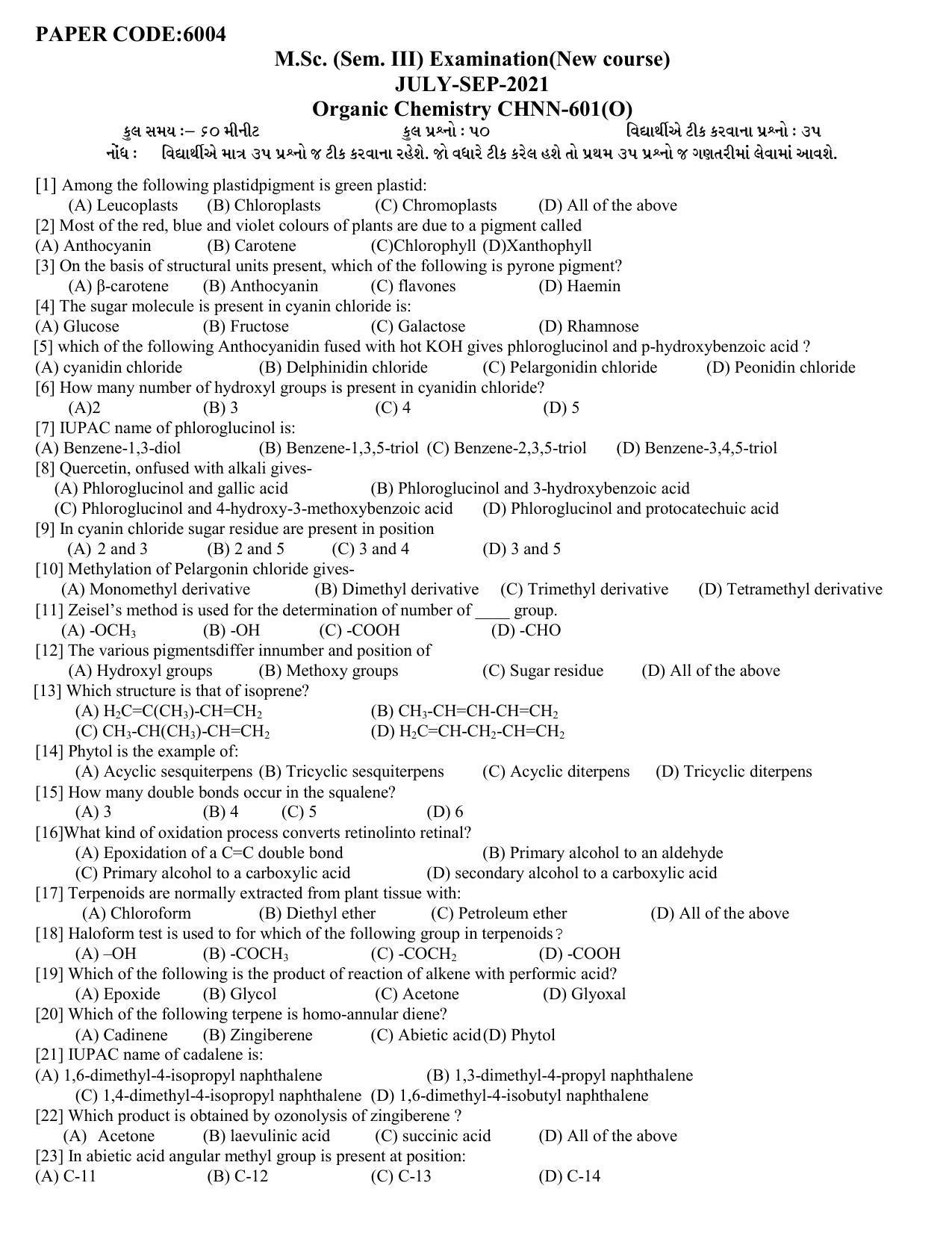 Hemchand North Gujarat University Sample Paper July-Sept 2021:  M.Sc. Sem. III Organic Chemistry CH N N-601 (O) Paper Code - 6004 (New course) - Page 1