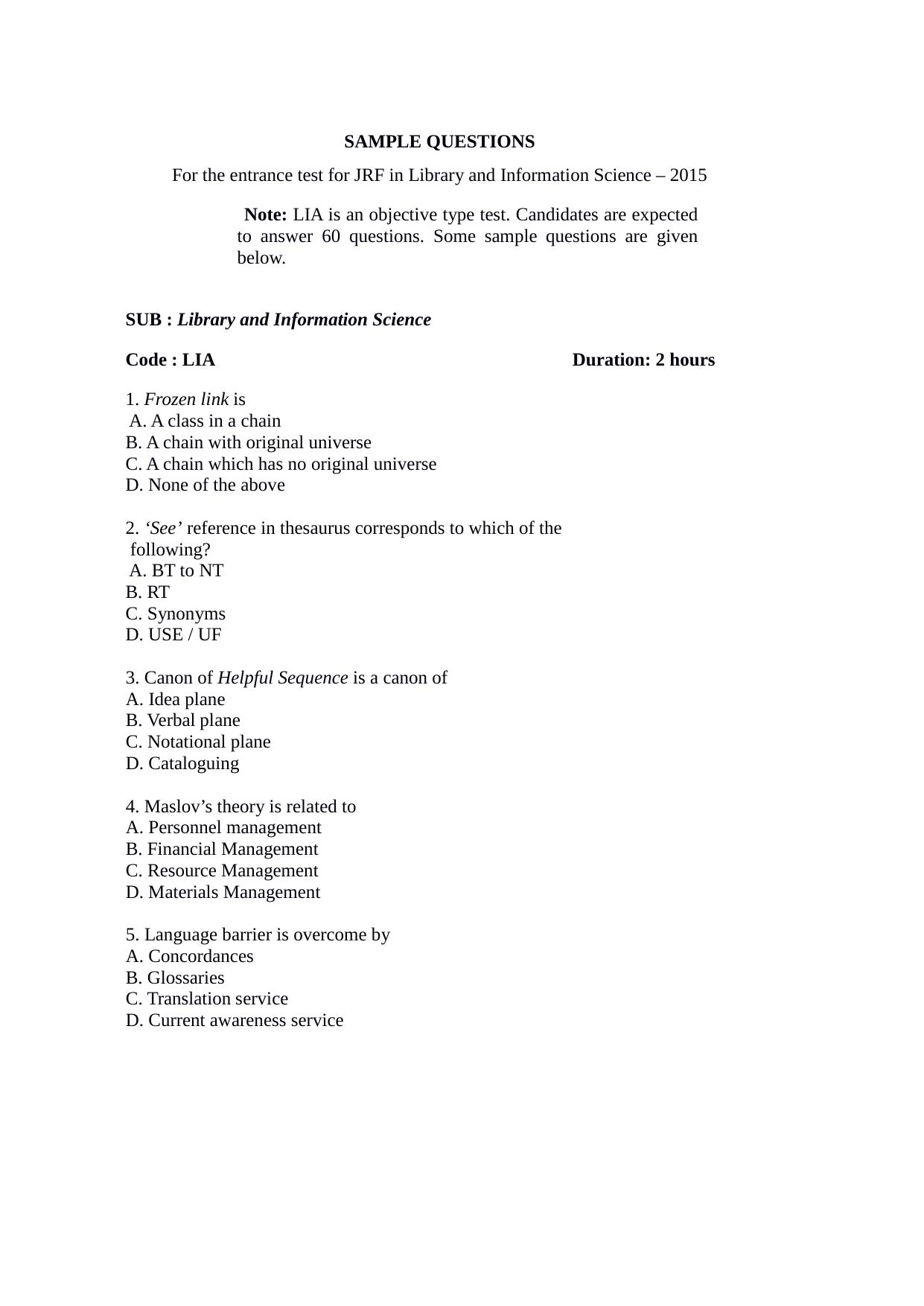 ISI Admission Test JRF in Library and Information Science LIB 2015 Sample Paper - Page 1