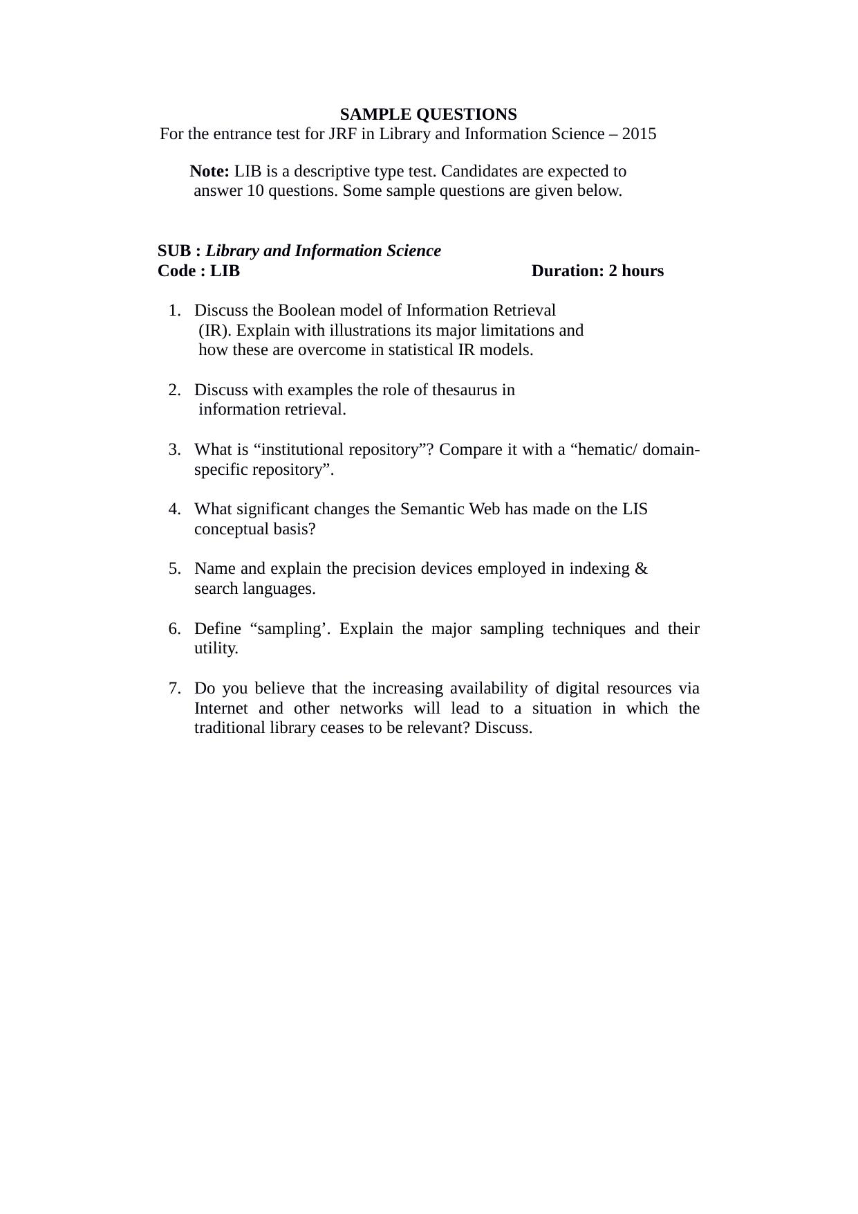 ISI Admission Test JRF in Library and Information Science LIB 2015 Sample Paper - Page 3