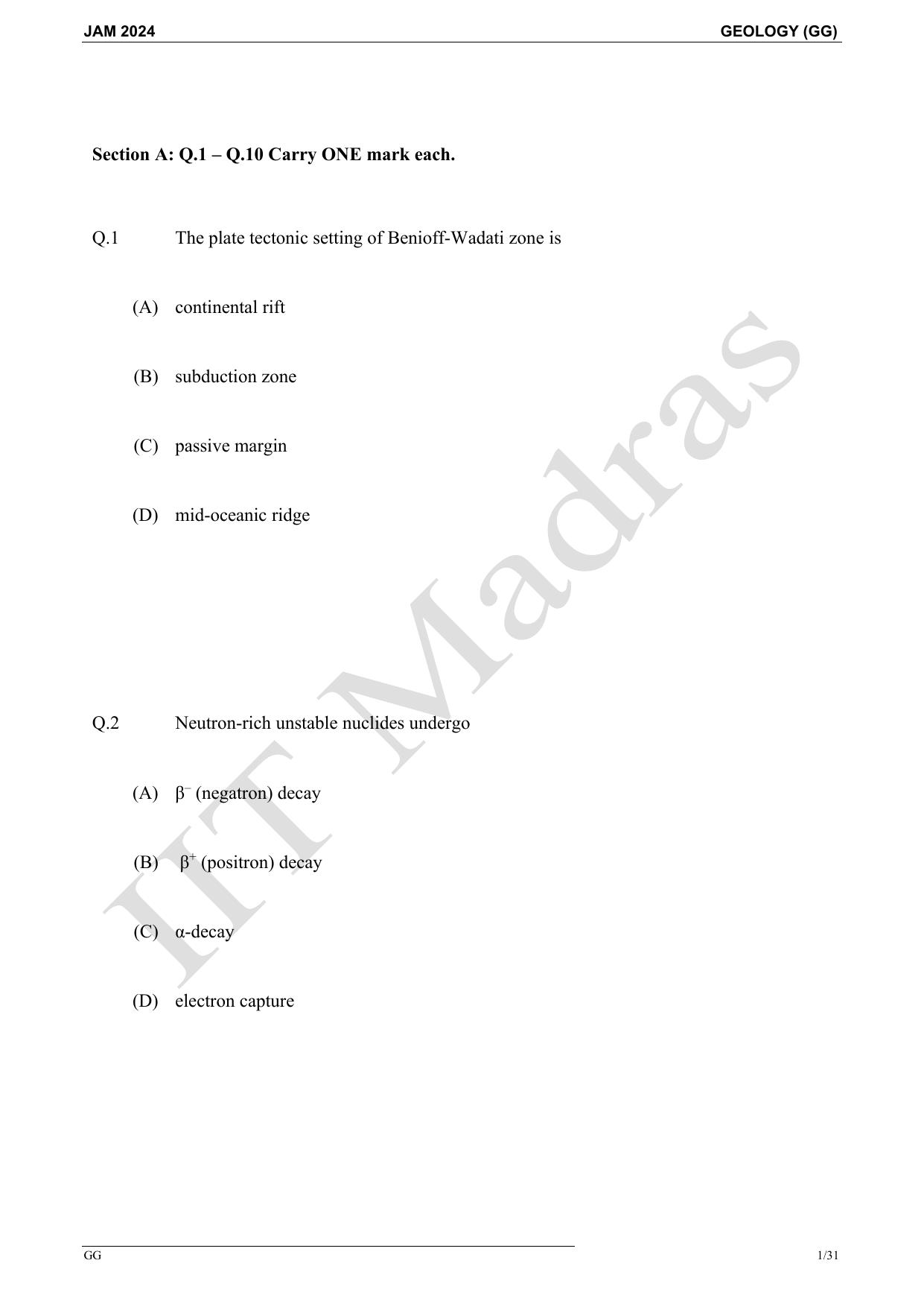 IIT JAM 2024 Geology (GG) Master Question Paper - Page 1