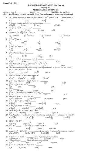 Hemchand North Gujarat University Sample Paper July-Sept 2021:  B.SC Sem-I  CC-MAT-111 Paper Code - 3024  (Old Course)