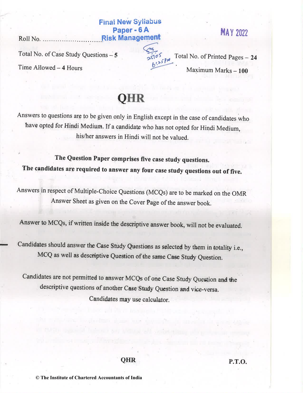 CA Final May 2022 Question Paper - Paper 6A – Risk Management - Page 1