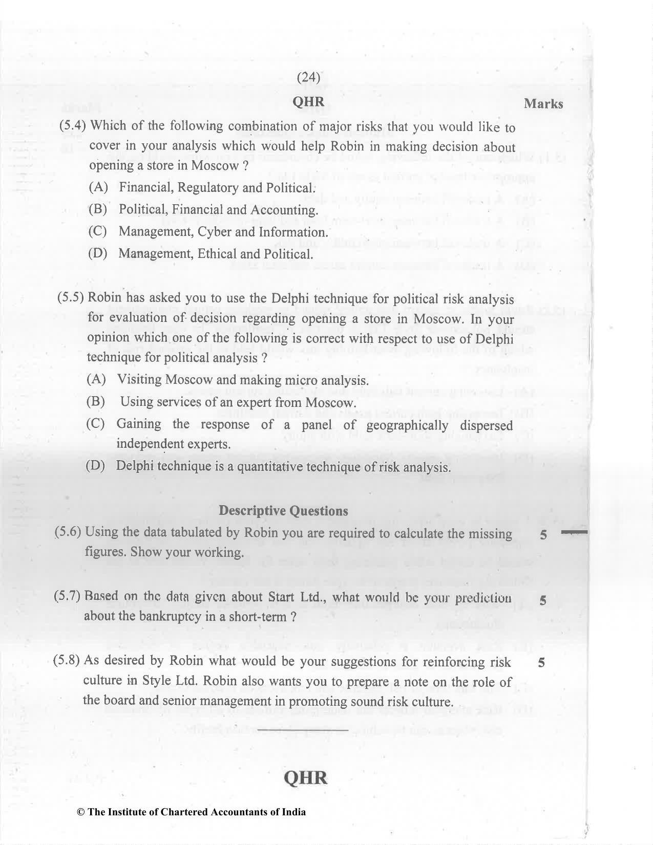 CA Final May 2022 Question Paper - Paper 6A – Risk Management - Page 24
