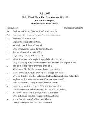 Bilaspur University Question Paper 2021-2022:M.A (Final) Sociology Perspectives On Indian Society Paper 1