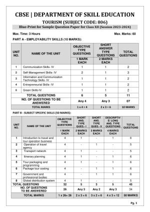 CBSE Class 12 (Skill Education) Tourism 2024 Sample Paper
