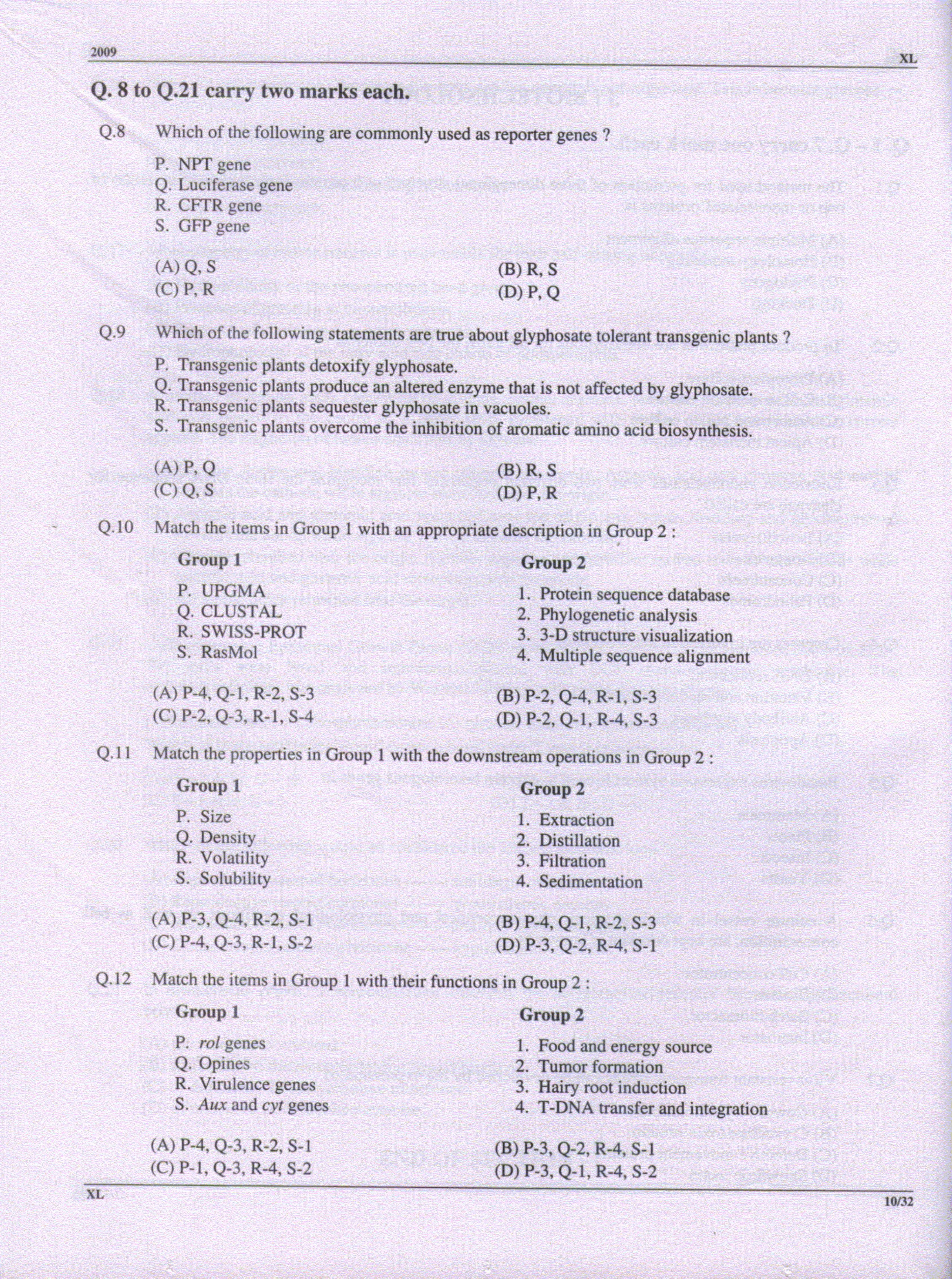 GATE 2009 Life Sciences (XL) Question Paper with Answer Key - Page 10