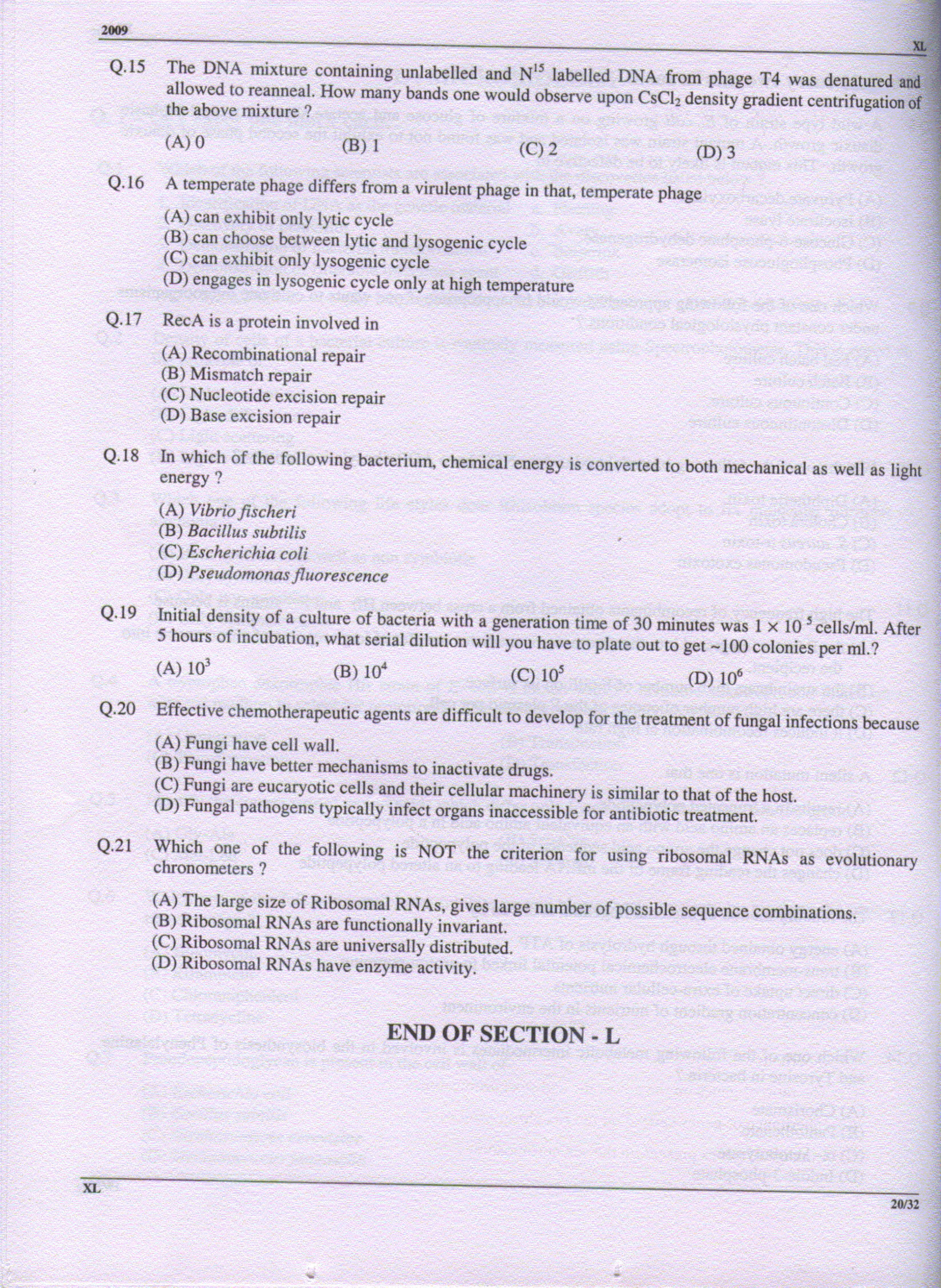 GATE 2009 Life Sciences (XL) Question Paper with Answer Key - Page 20