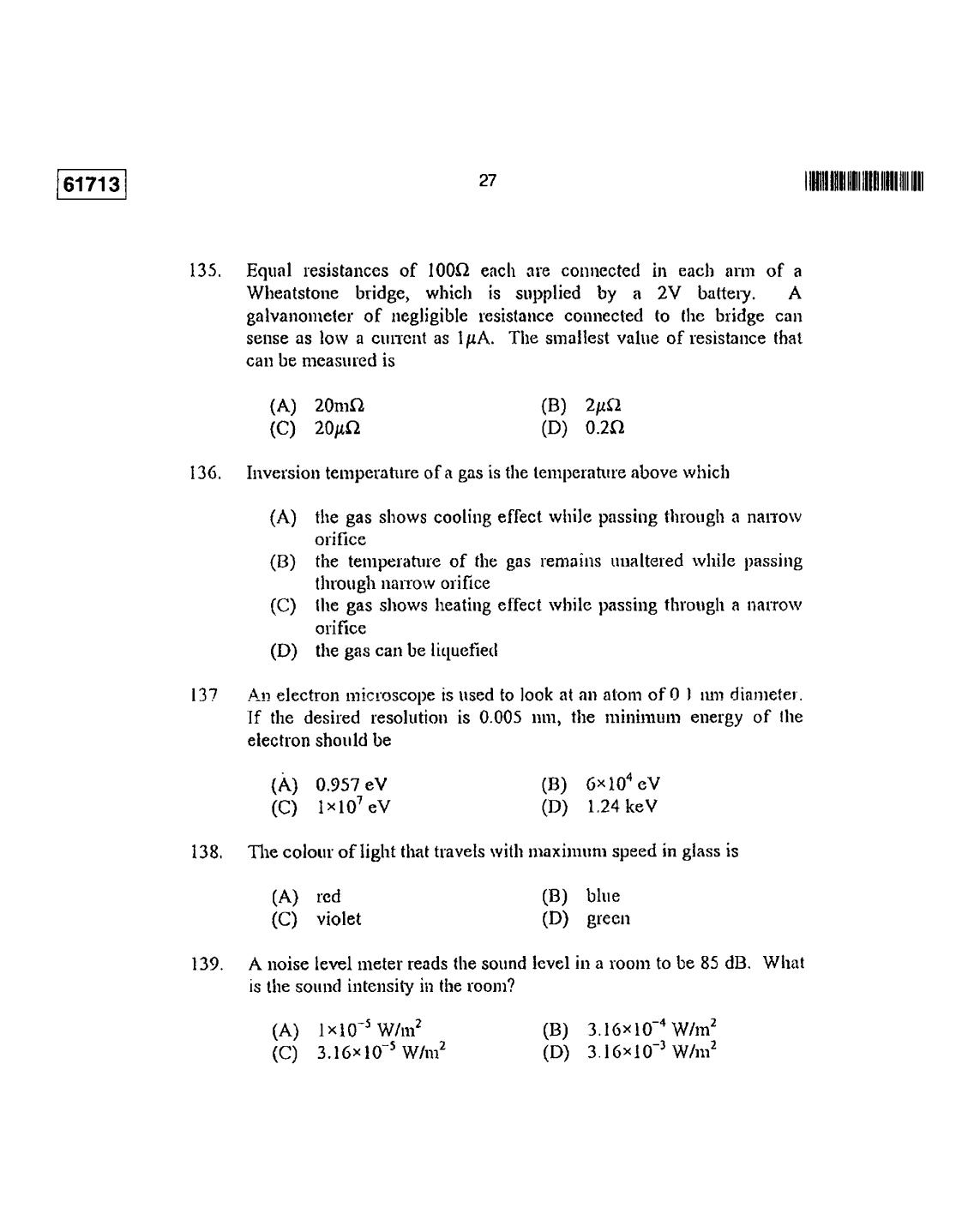 CUSAT CAT 2013 Instrumentation Question Paper - Page 28