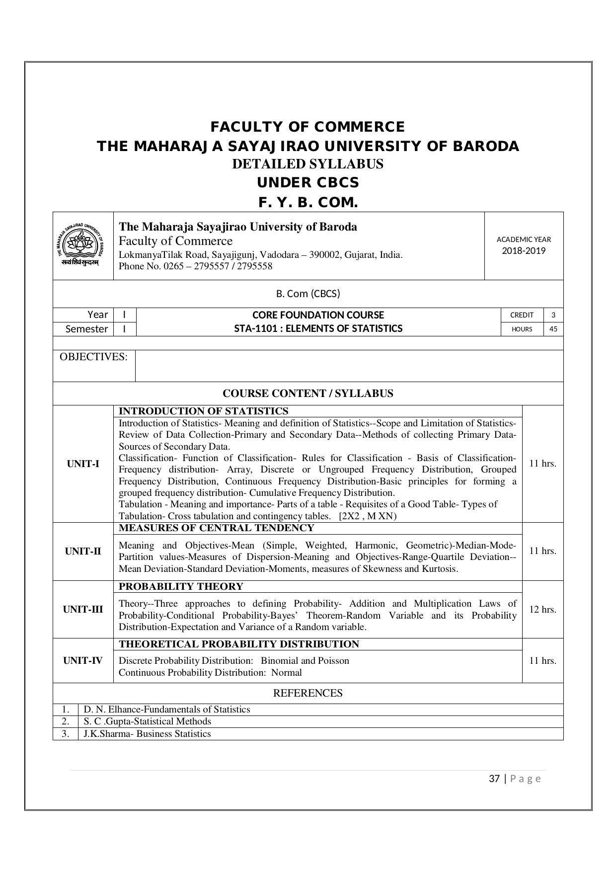 Maharaja Sayajirao University of Baroda, Baroda B.Com 2018-19 Prospectus - Page 38