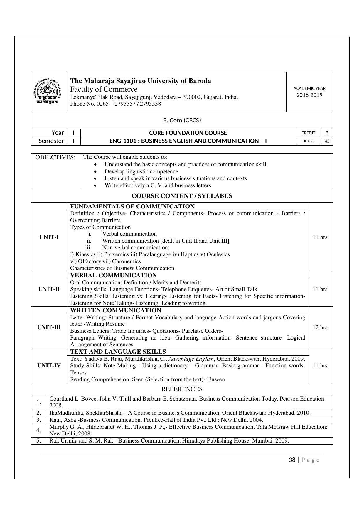 Maharaja Sayajirao University of Baroda, Baroda B.Com 2018-19 Prospectus - Page 39