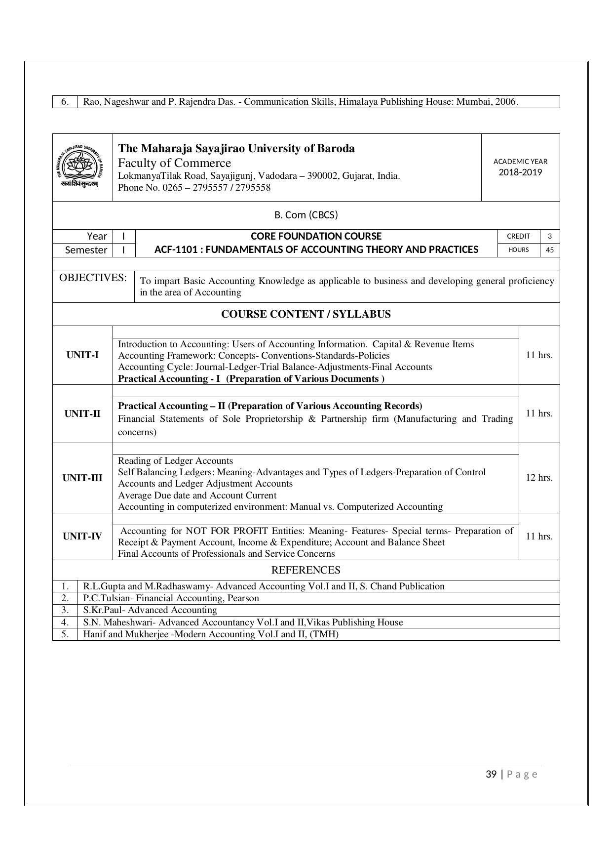 Maharaja Sayajirao University of Baroda, Baroda B.Com 2018-19 Prospectus - Page 40