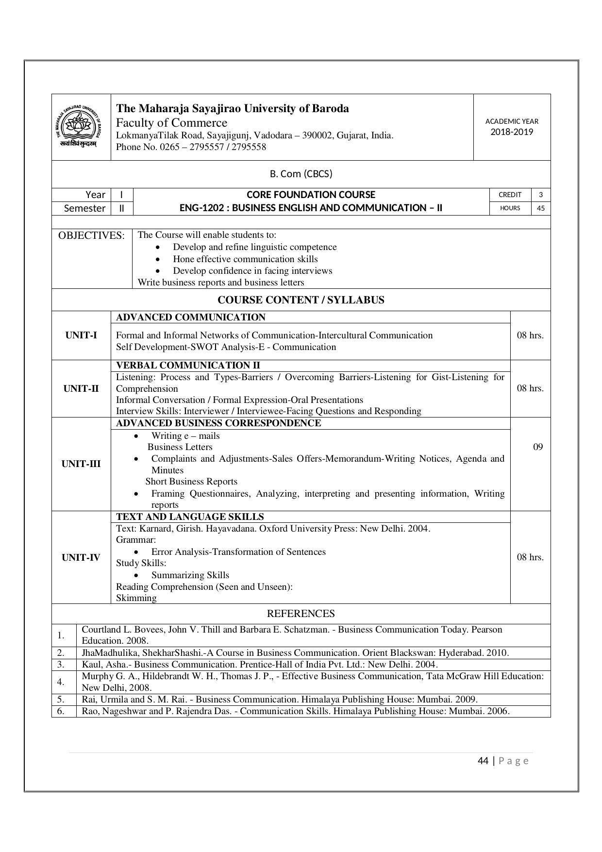 Maharaja Sayajirao University of Baroda, Baroda B.Com 2018-19 Prospectus - Page 45