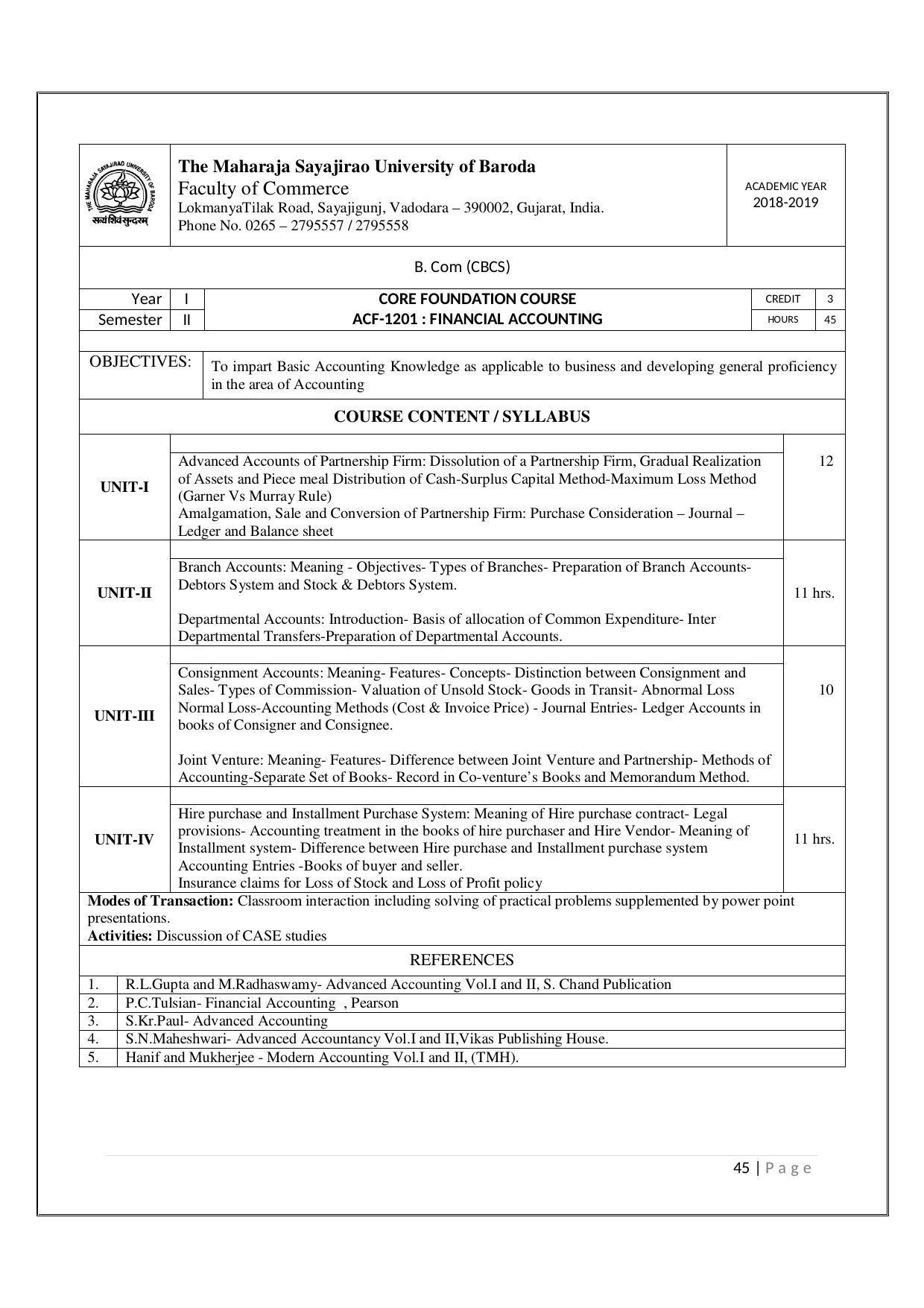 Maharaja Sayajirao University of Baroda, Baroda B.Com 2018-19 Prospectus - Page 46