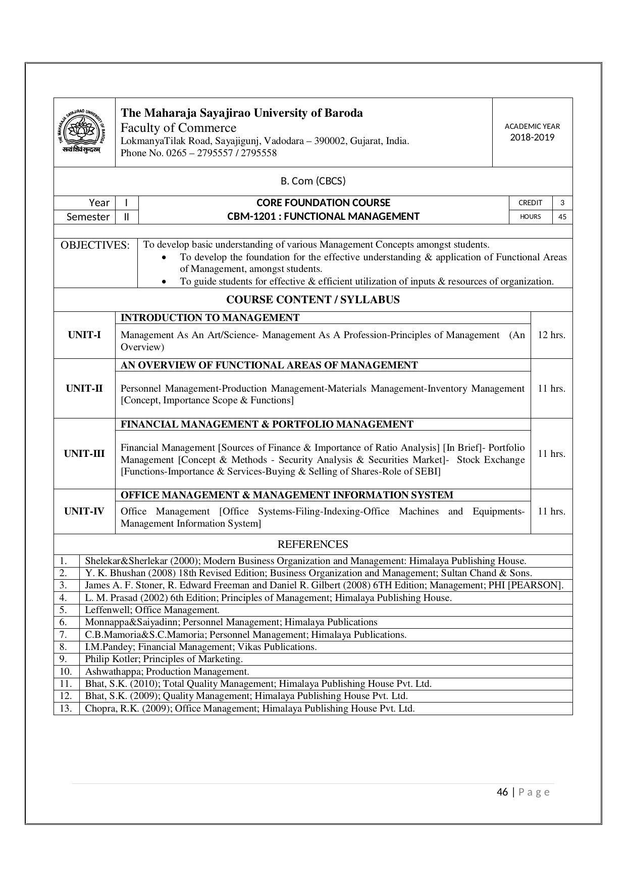 Maharaja Sayajirao University of Baroda, Baroda B.Com 2018-19 Prospectus - Page 47