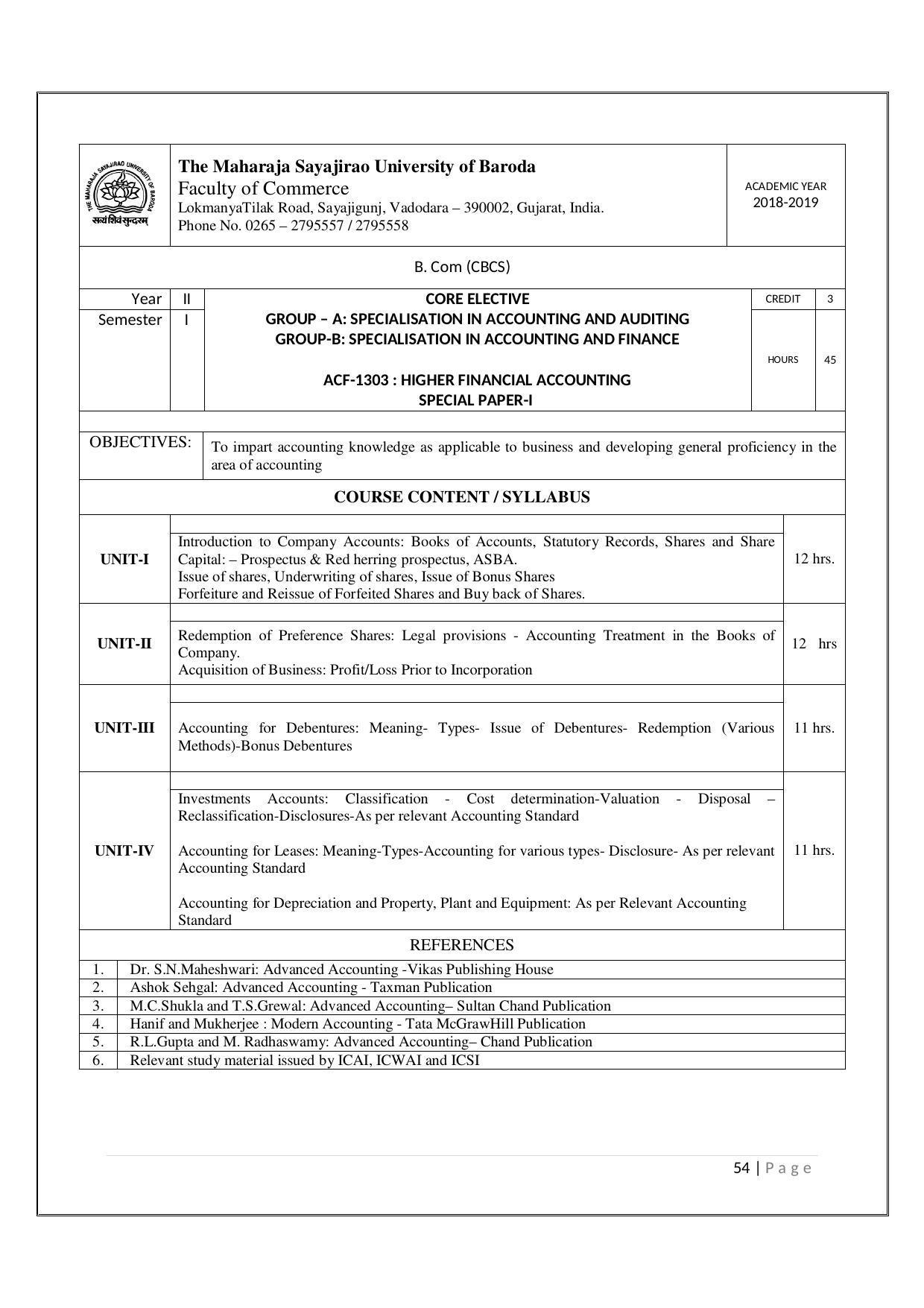 Maharaja Sayajirao University of Baroda, Baroda B.Com 2018-19 Prospectus - Page 55