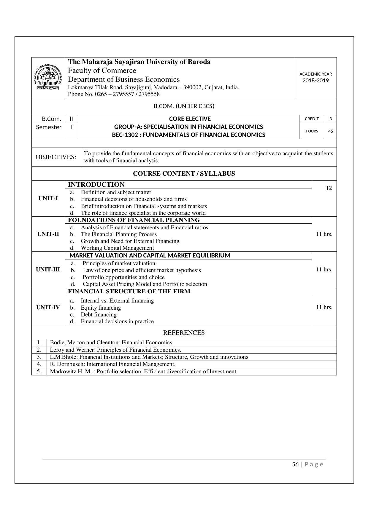 Maharaja Sayajirao University of Baroda, Baroda B.Com 2018-19 Prospectus - Page 57