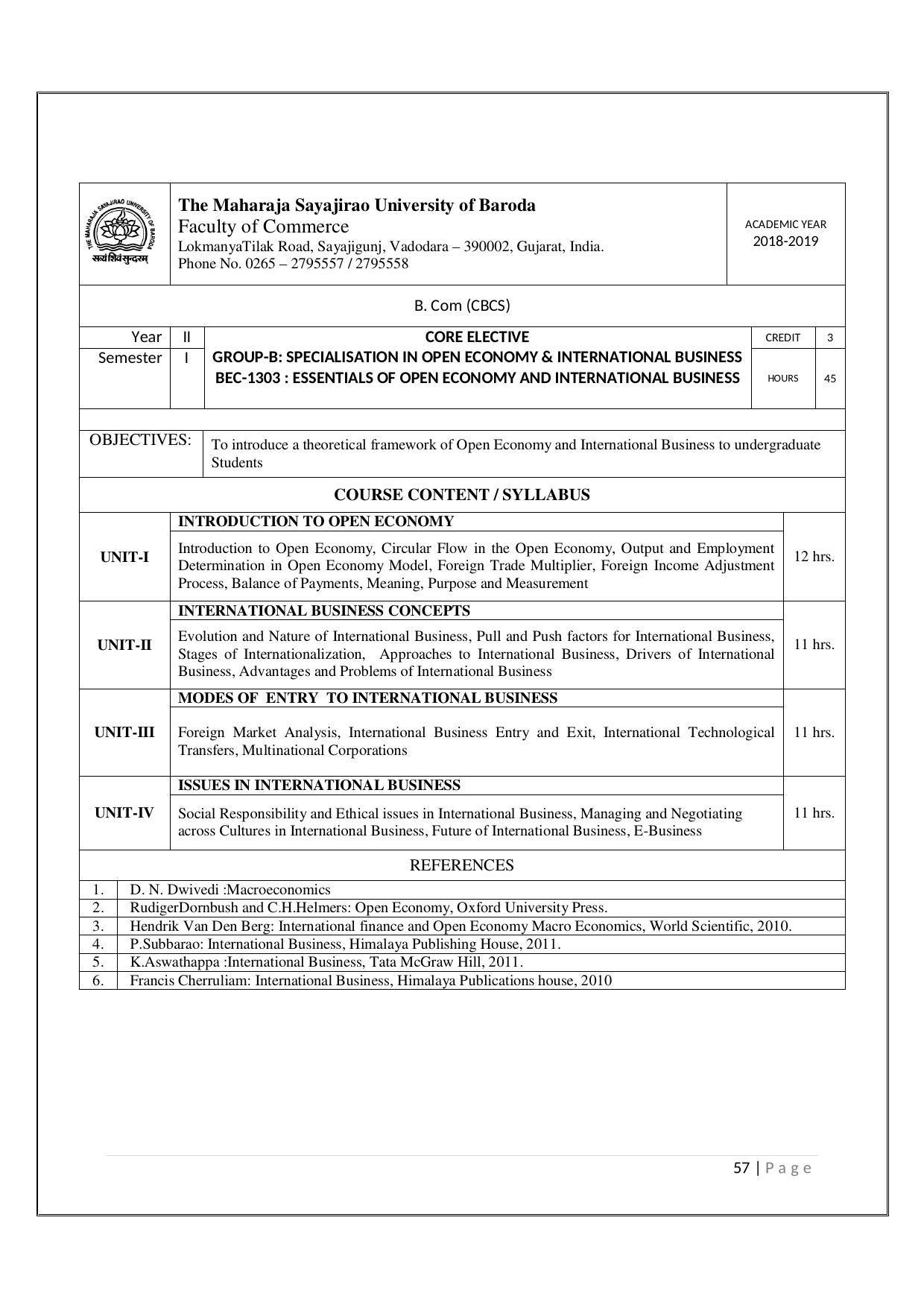 Maharaja Sayajirao University of Baroda, Baroda B.Com 2018-19 Prospectus - Page 58