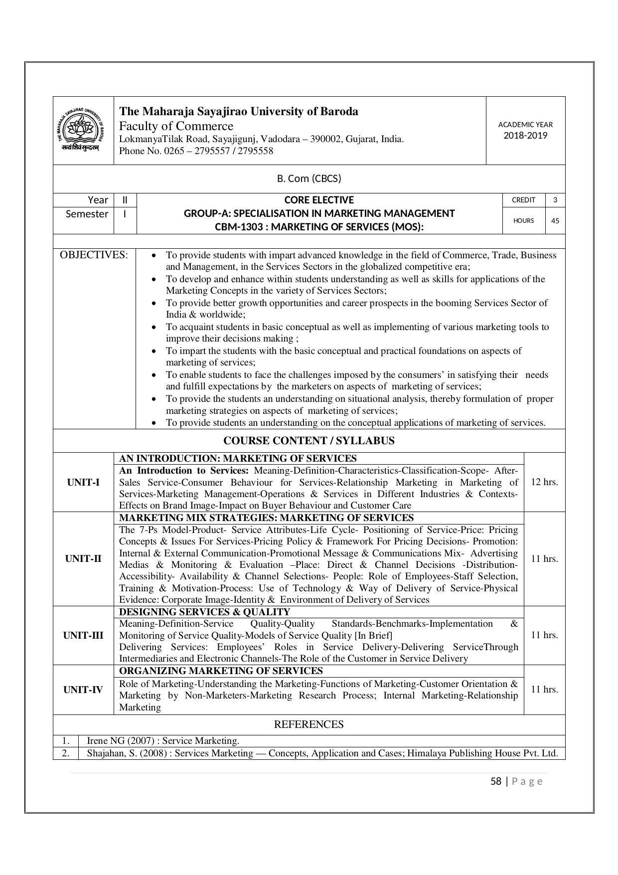 Maharaja Sayajirao University of Baroda, Baroda B.Com 2018-19 Prospectus - Page 59