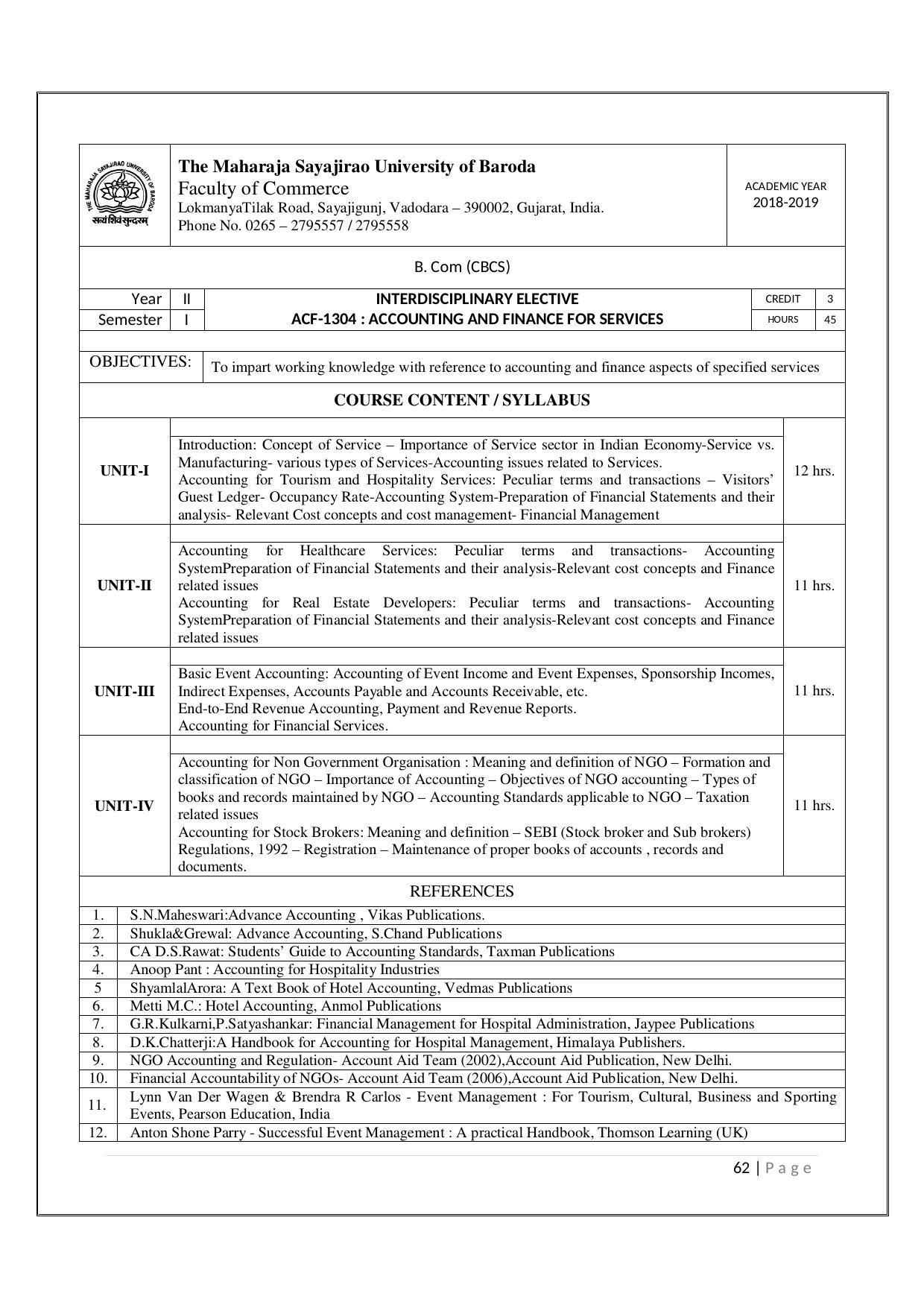 Maharaja Sayajirao University of Baroda, Baroda B.Com 2018-19 Prospectus - Page 63