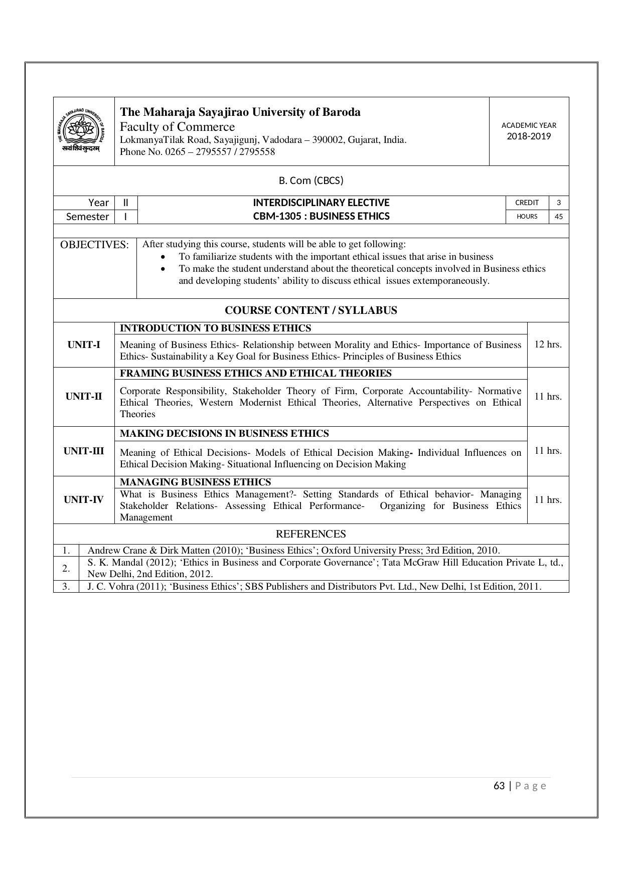 Maharaja Sayajirao University of Baroda, Baroda B.Com 2018-19 Prospectus - Page 64
