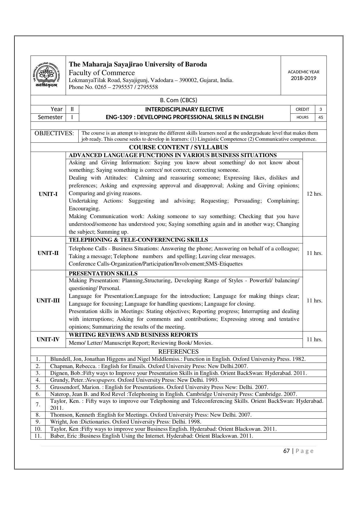 Maharaja Sayajirao University of Baroda, Baroda B.Com 2018-19 Prospectus - Page 68