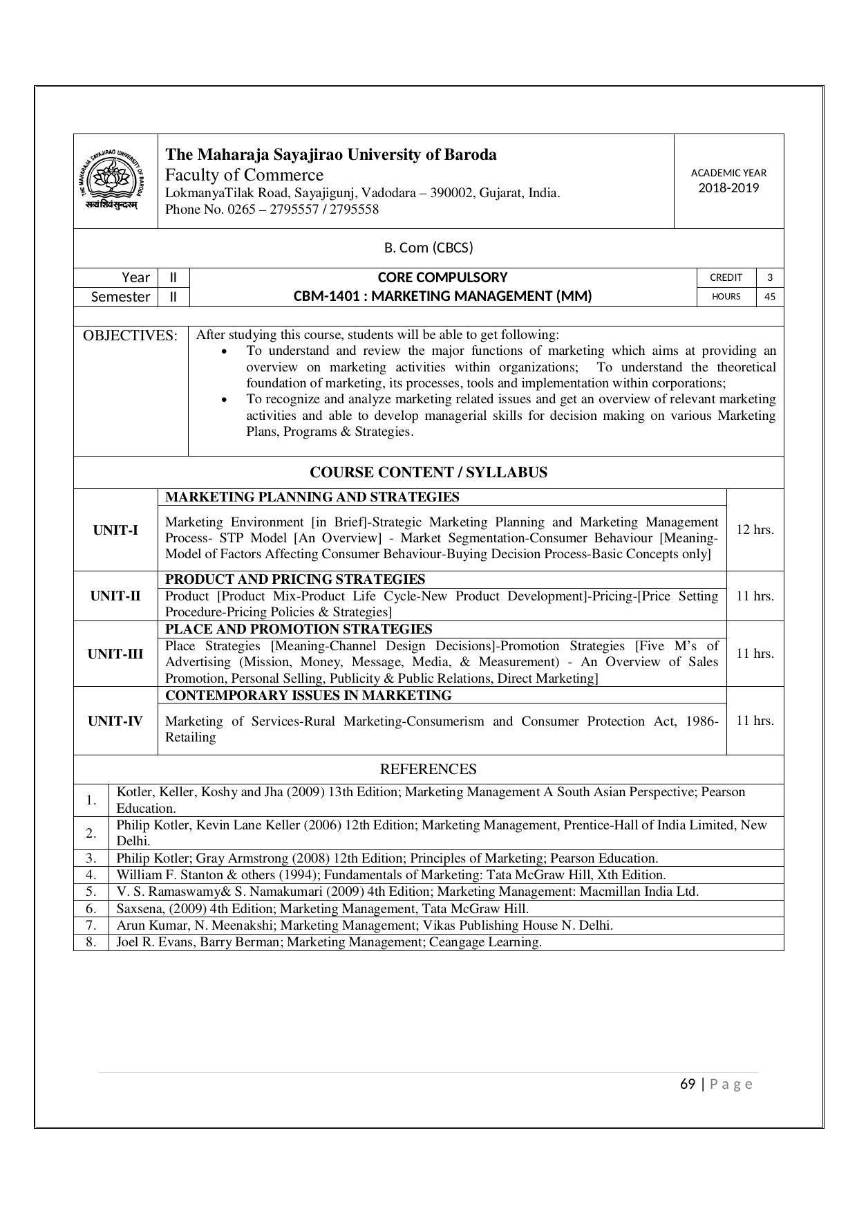 Maharaja Sayajirao University of Baroda, Baroda B.Com 2018-19 Prospectus - Page 70