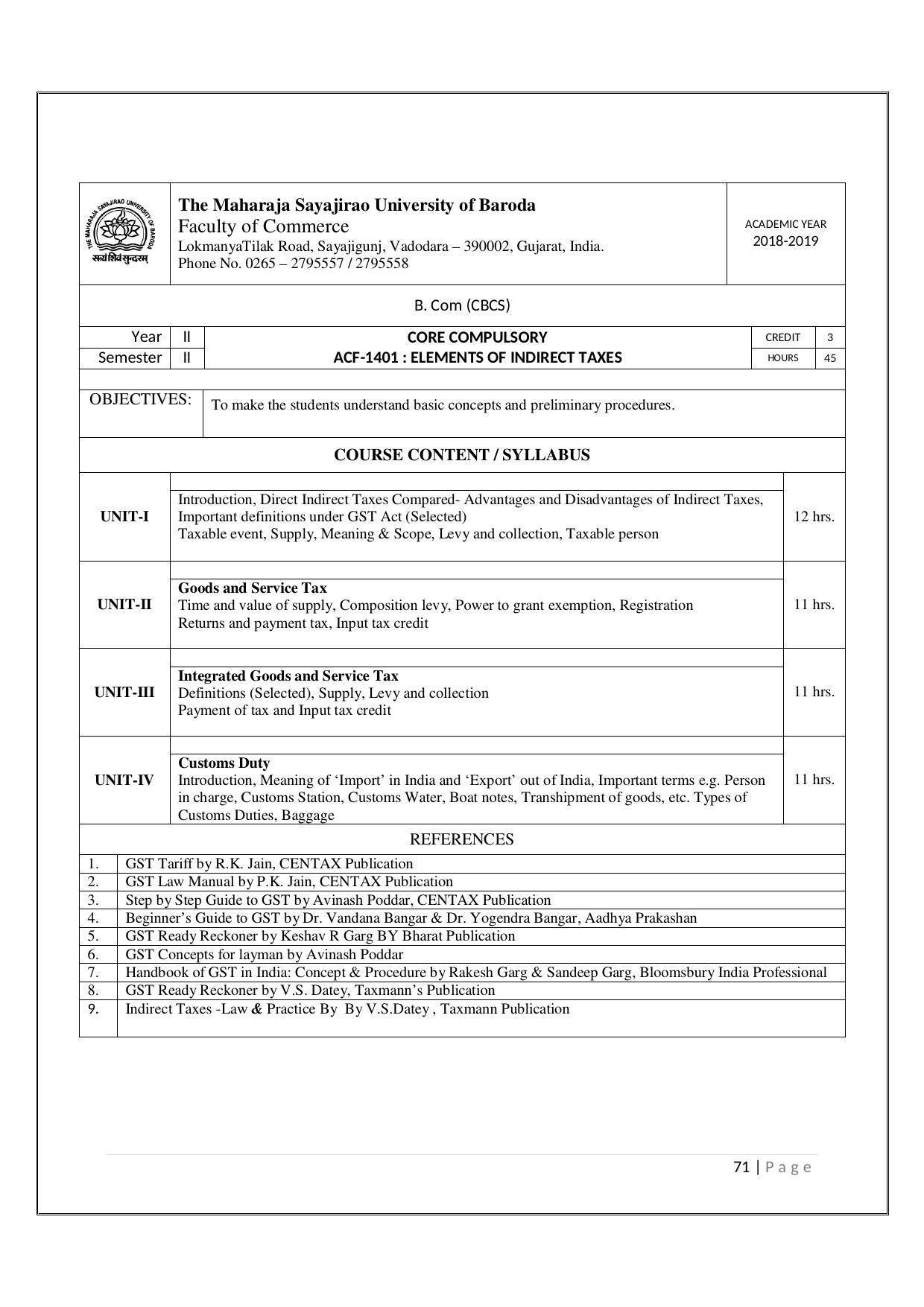 Maharaja Sayajirao University of Baroda, Baroda B.Com 2018-19 Prospectus - Page 72