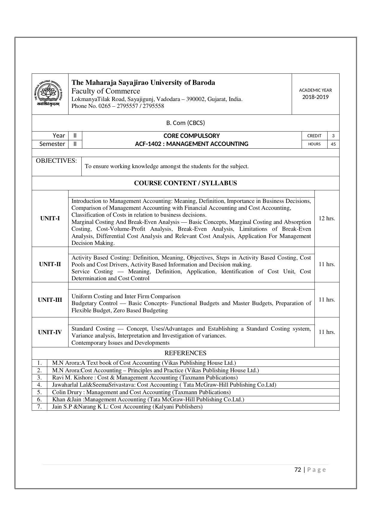 Maharaja Sayajirao University of Baroda, Baroda B.Com 2018-19 Prospectus - Page 73
