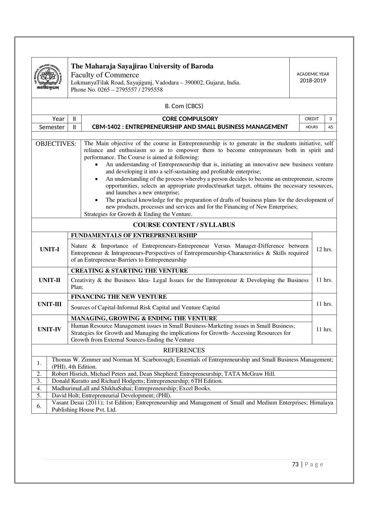 Maharaja Sayajirao University of Baroda, Baroda B.Com 2018-19 Prospectus - Page 74