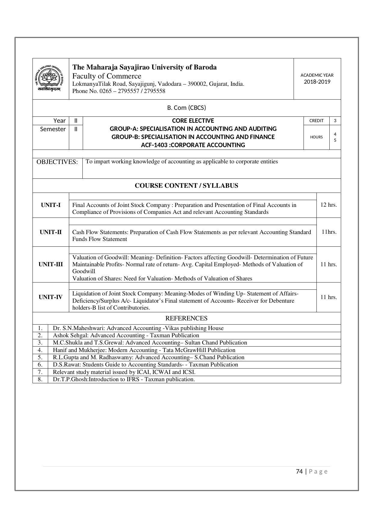 Maharaja Sayajirao University of Baroda, Baroda B.Com 2018-19 Prospectus - Page 75