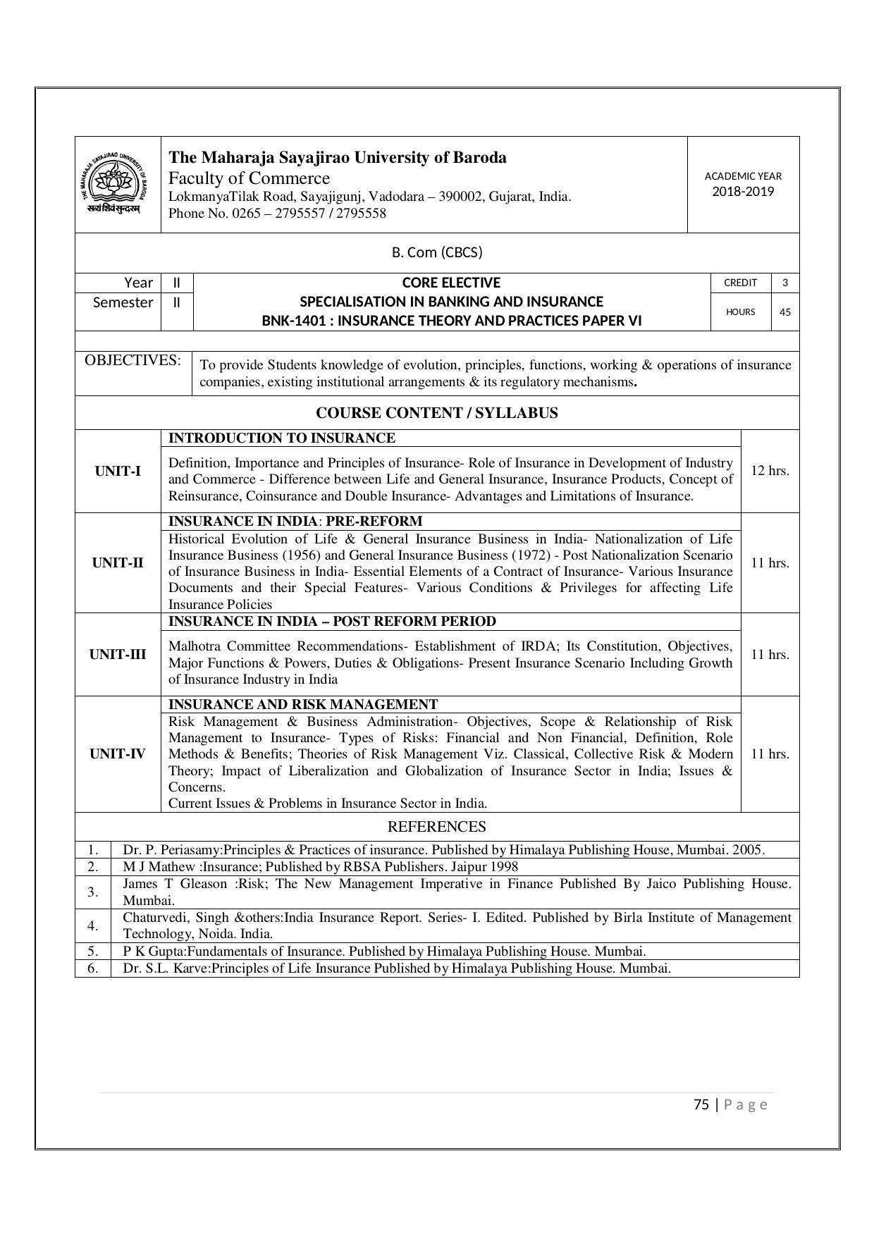 Maharaja Sayajirao University of Baroda, Baroda B.Com 2018-19 Prospectus - Page 76