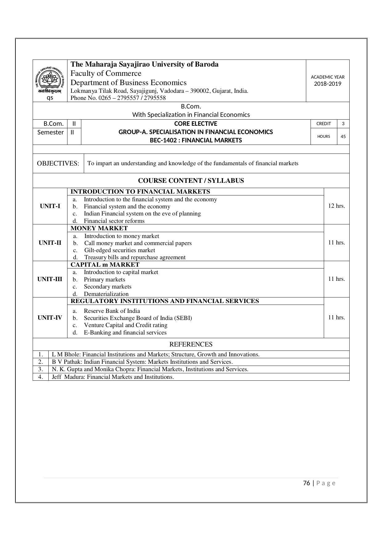 Maharaja Sayajirao University of Baroda, Baroda B.Com 2018-19 Prospectus - Page 77