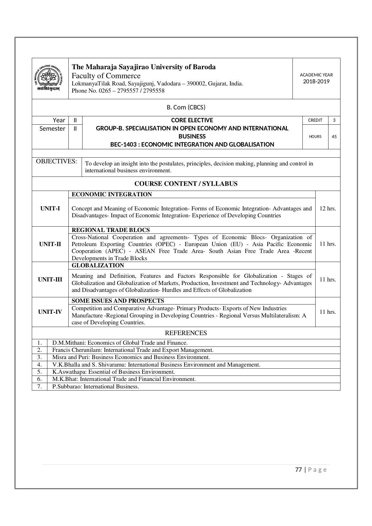 Maharaja Sayajirao University of Baroda, Baroda B.Com 2018-19 Prospectus - Page 78
