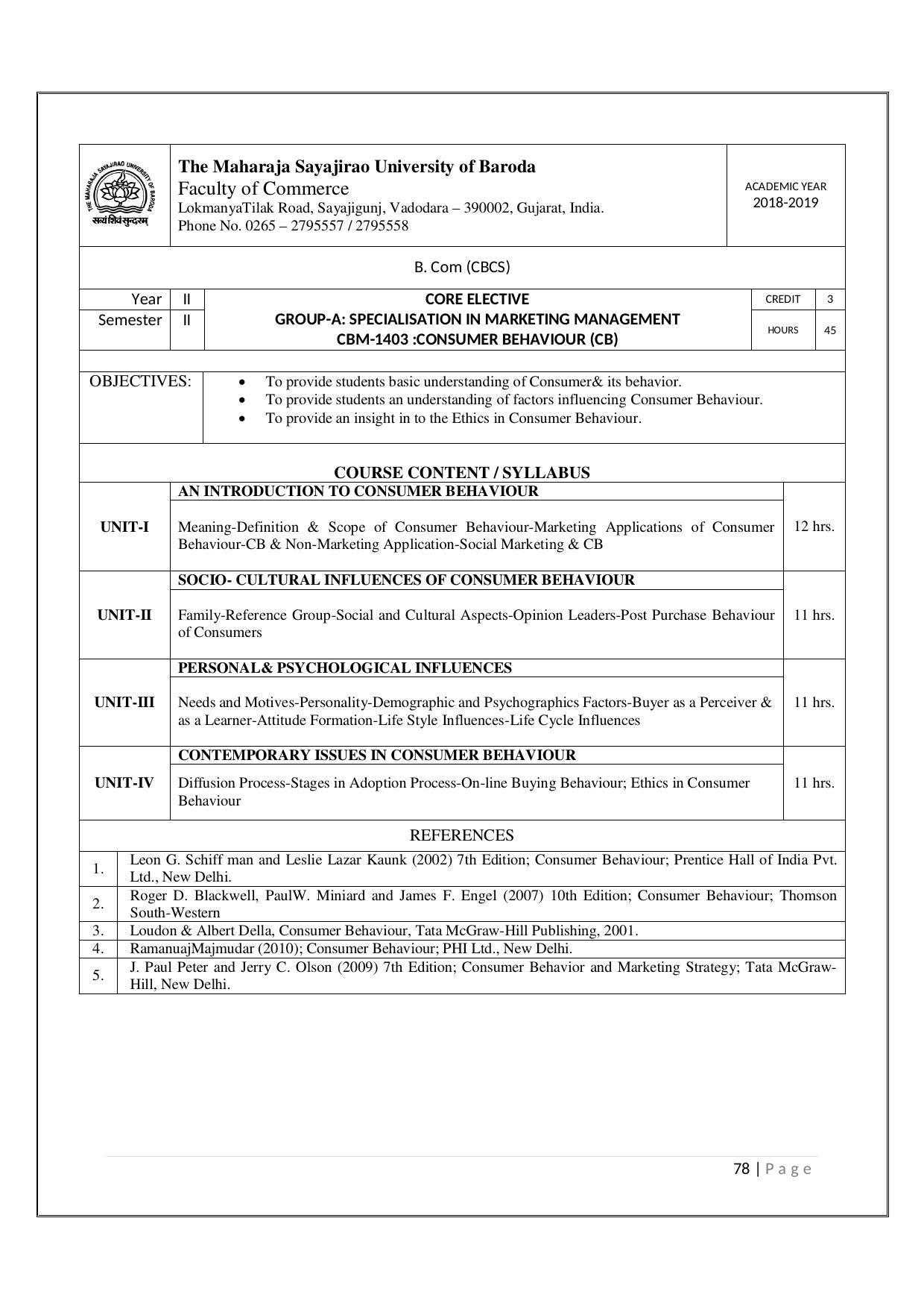 Maharaja Sayajirao University of Baroda, Baroda B.Com 2018-19 Prospectus - Page 79