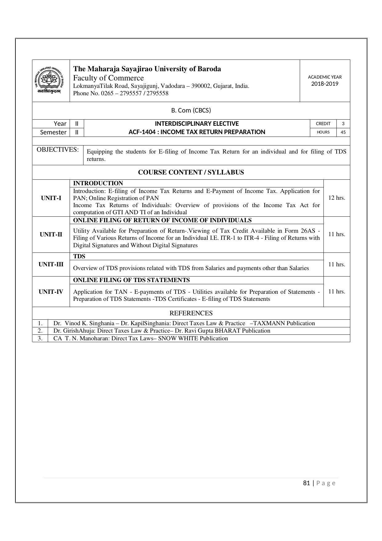 Maharaja Sayajirao University of Baroda, Baroda B.Com 2018-19 Prospectus - Page 82