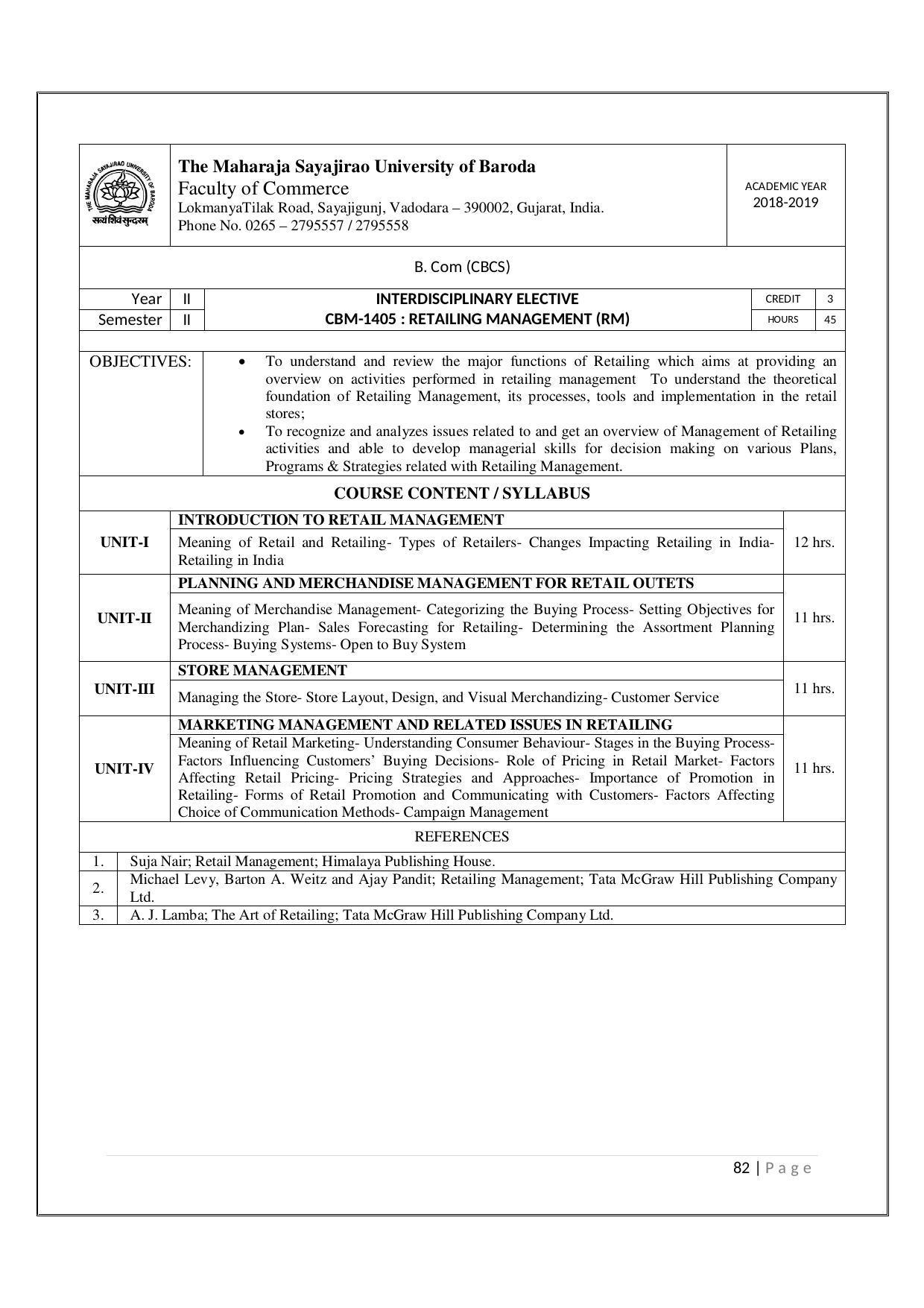 Maharaja Sayajirao University of Baroda, Baroda B.Com 2018-19 Prospectus - Page 83
