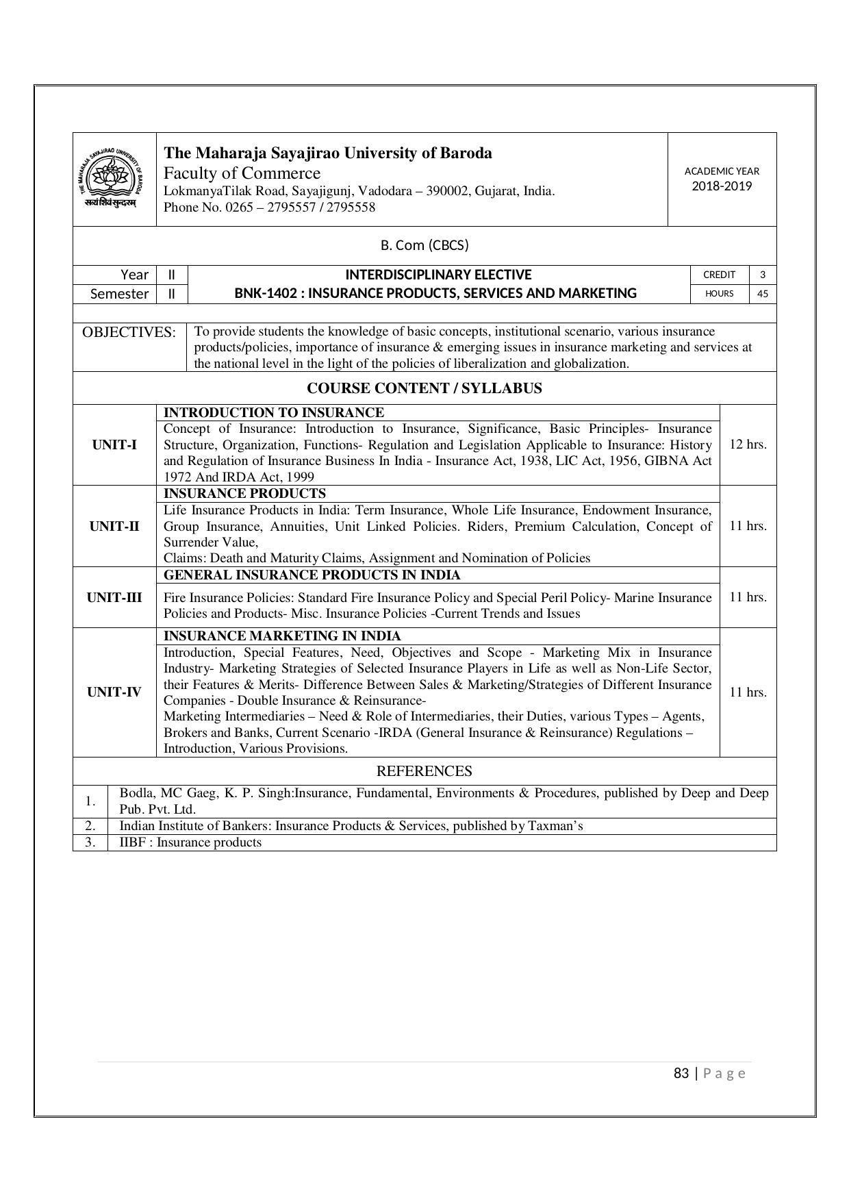 Maharaja Sayajirao University of Baroda, Baroda B.Com 2018-19 Prospectus - Page 84