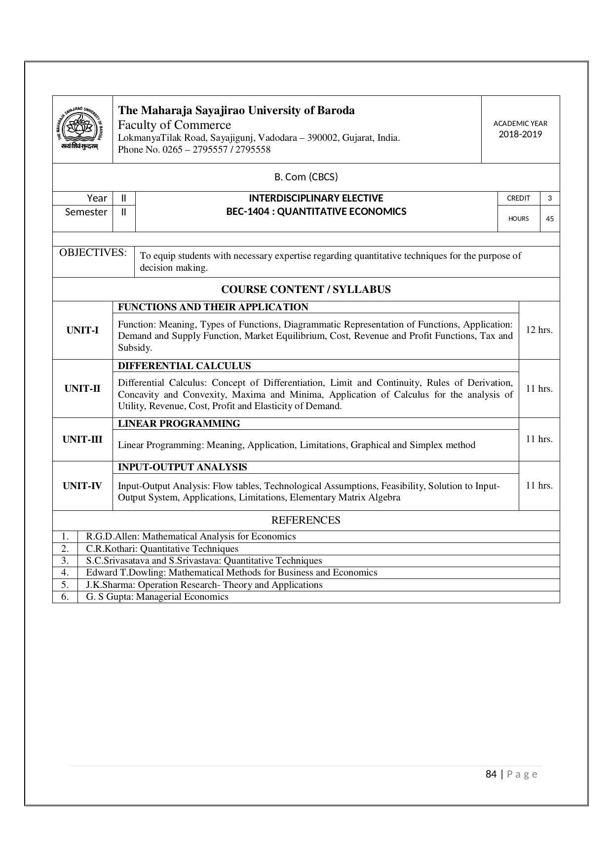 Maharaja Sayajirao University of Baroda, Baroda B.Com 2018-19 Prospectus - Page 85