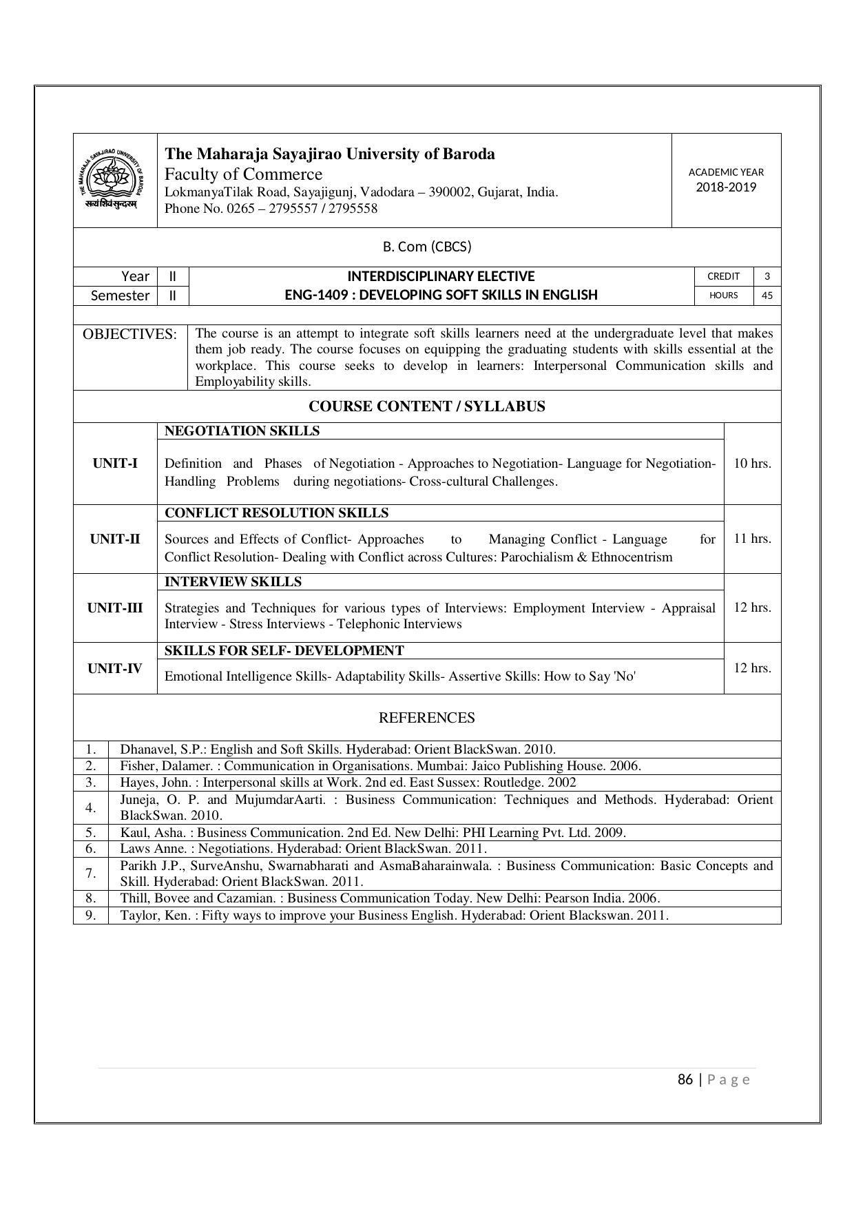 Maharaja Sayajirao University of Baroda, Baroda B.Com 2018-19 Prospectus - Page 87