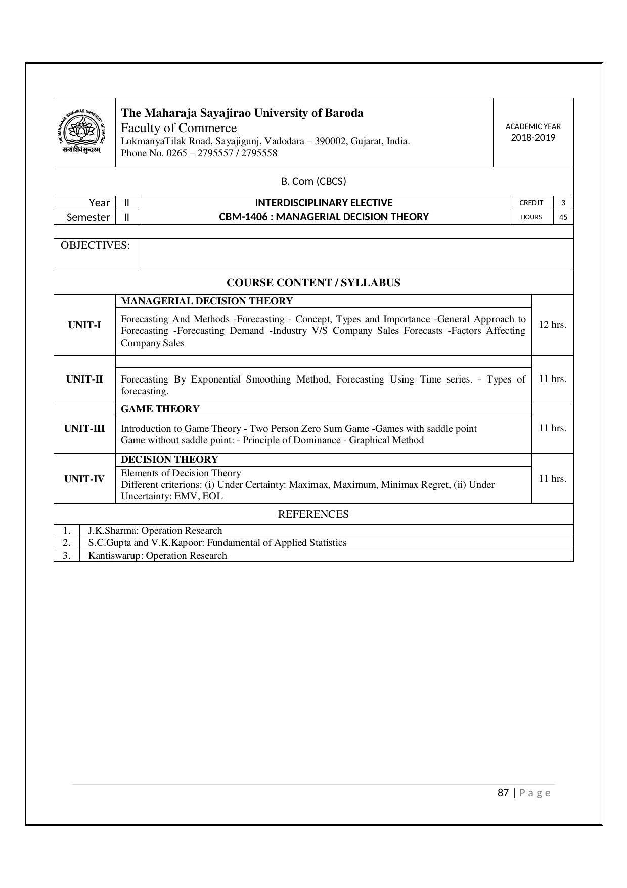 Maharaja Sayajirao University of Baroda, Baroda B.Com 2018-19 Prospectus - Page 88