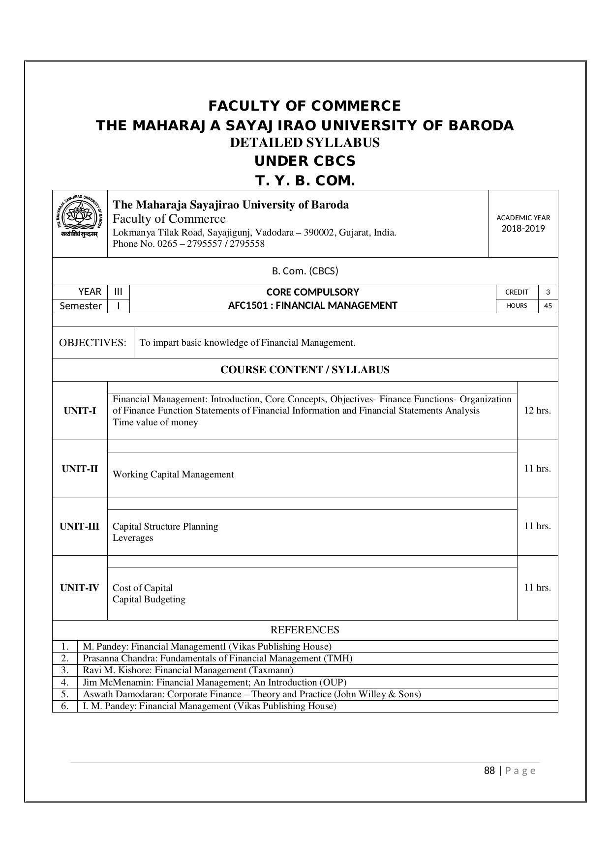 Maharaja Sayajirao University of Baroda, Baroda B.Com 2018-19 Prospectus - Page 89