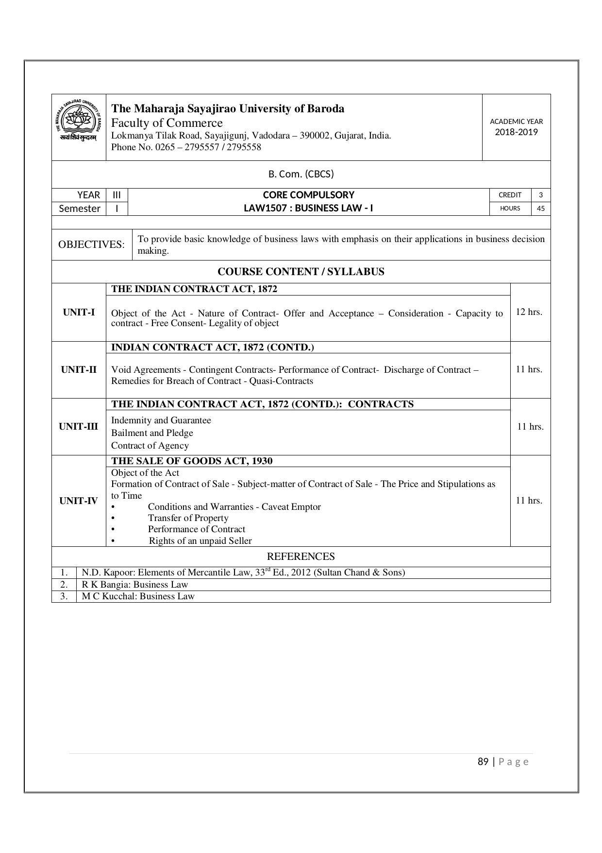 Maharaja Sayajirao University of Baroda, Baroda B.Com 2018-19 Prospectus - Page 90