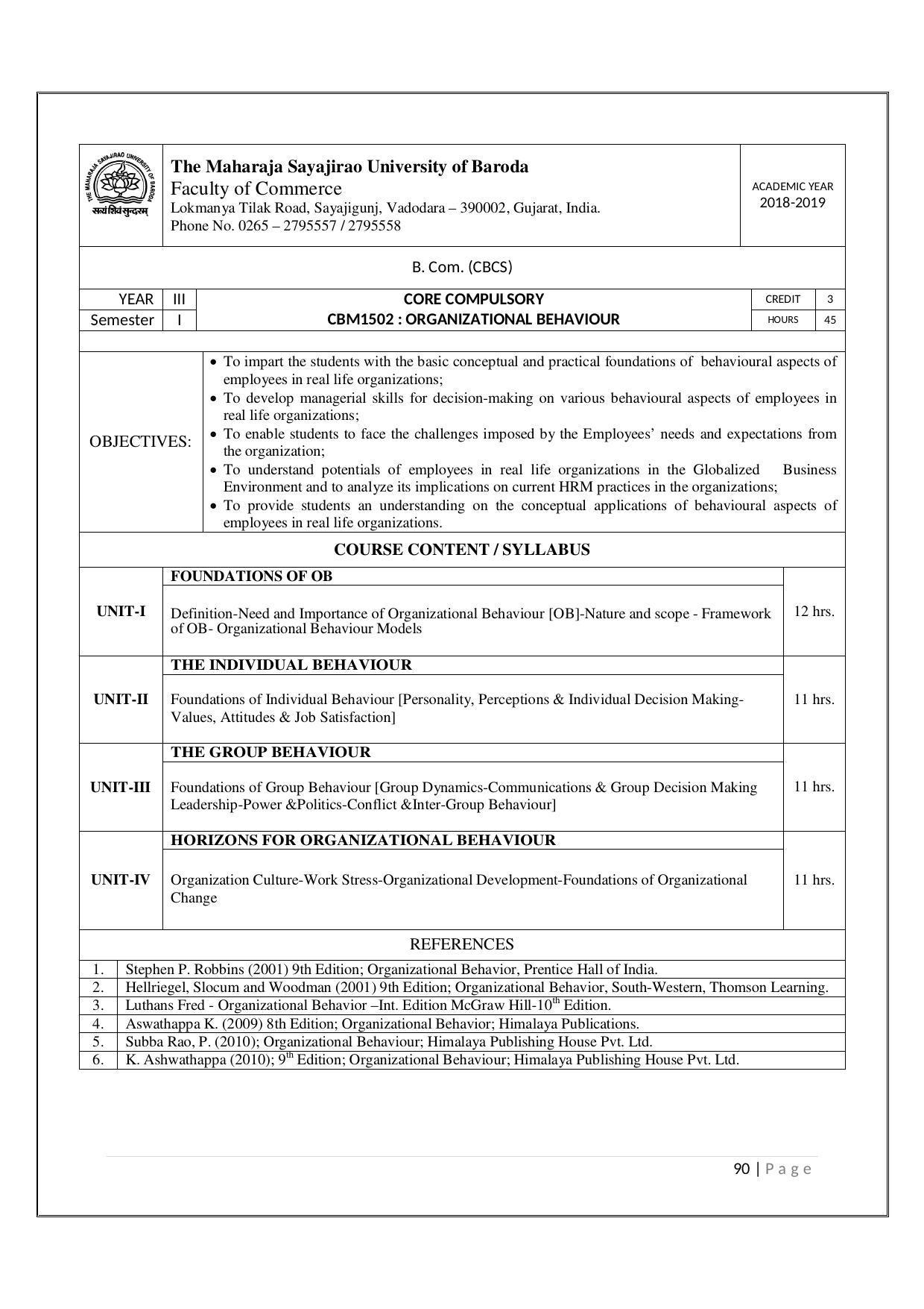 Maharaja Sayajirao University of Baroda, Baroda B.Com 2018-19 Prospectus - Page 91