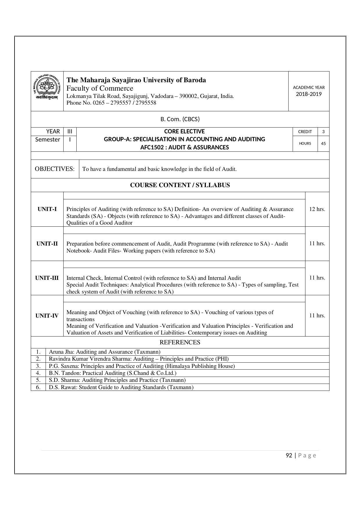 Maharaja Sayajirao University of Baroda, Baroda B.Com 2018-19 Prospectus - Page 93